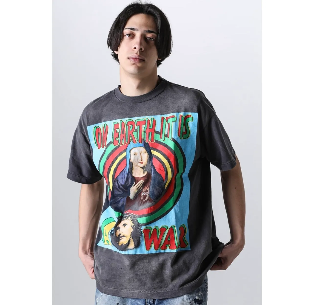 SAINT MICHAEL SS TEE/ON EARTH/BLK Jesus, Mary, Holy Infant Earth TEE Ready-to-wear Assut special piece dyeing, washed and distressed Vintage process, front and rear super complex super large printing, top purchasing agent technology
